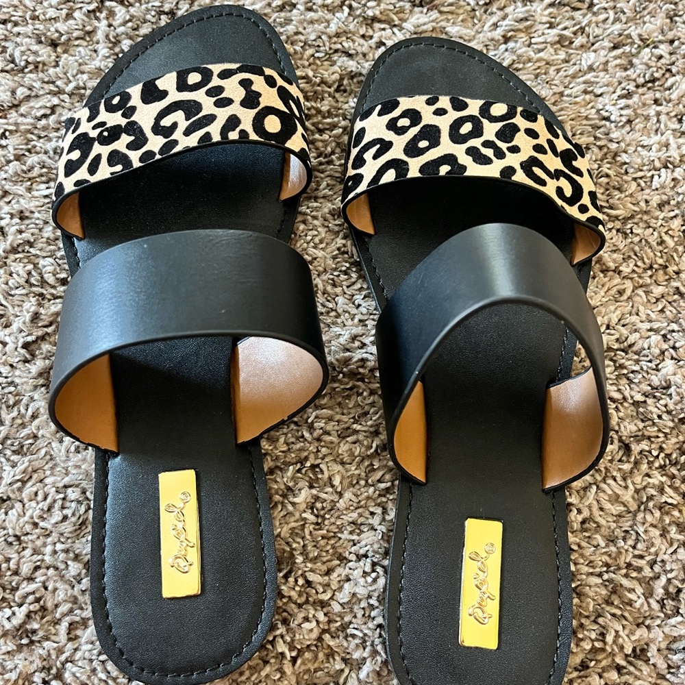 Qupid Black and Tan Sandals with Leopard Print
